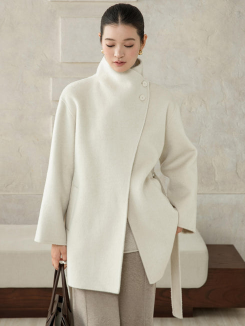 High-Neck Belted Wool Coat